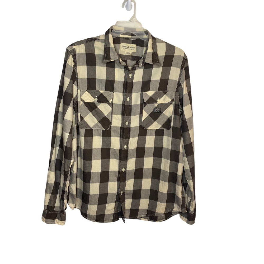 Denim & Supply Ralph Lauren Mens XL Beige Grey Plaid Flannel Button Down Shirt